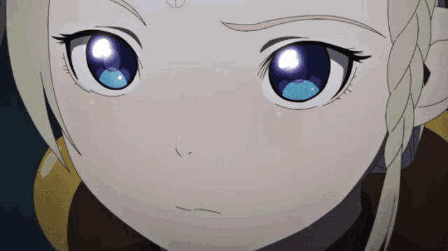 a close up of a girl 's face with blue eyes and a braid