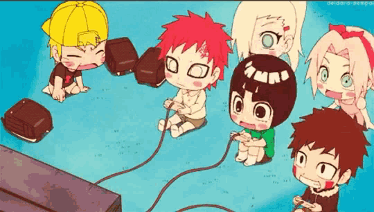 a group of cartoon characters are playing a video game