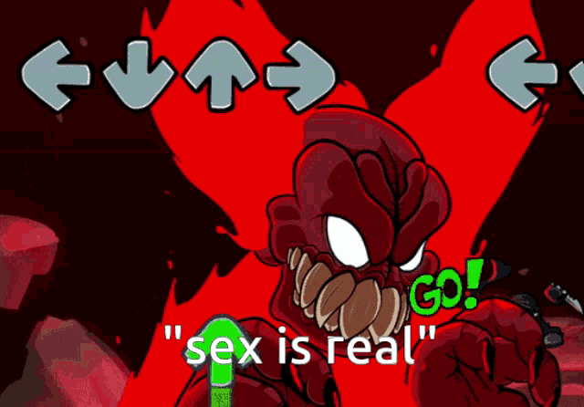 a cartoon character says " sex is real " in front of a red background