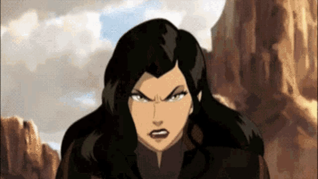 a cartoon character with long black hair is standing in front of a mountain .