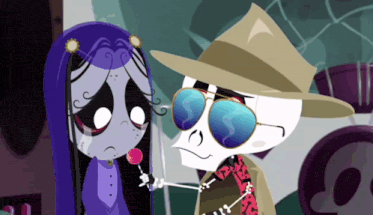 a cartoon of a skeleton holding a lollipop next to a girl