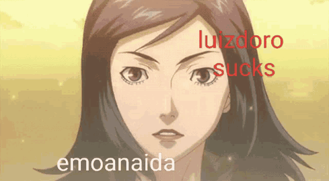 a close up of a woman 's face with the words luizdoro sucks emoanaida