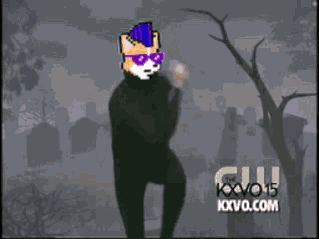 a man in a black suit is dancing in a cemetery with the words kxvo 15 kxvo.com on the bottom