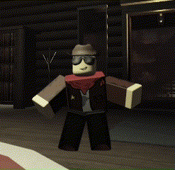 a roblox character wearing sunglasses and a scarf is standing in a dark room .