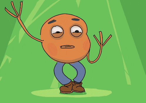 a cartoon drawing of an orange ball with arms and legs making a funny face