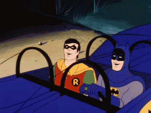 a cartoon of batman and robin riding in a convertible .