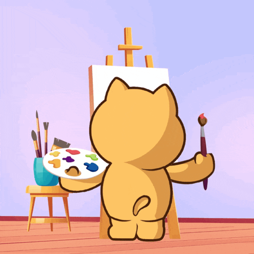 a cartoon cat is painting on an easel with a palette and brushes