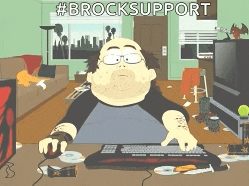 a cartoon of a man using a keyboard with #brocksupport written on the bottom