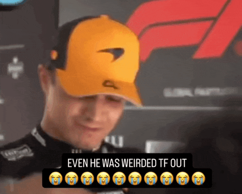 a man wearing a mclaren hat is crying with a caption that reads " even he was weirded tf out "