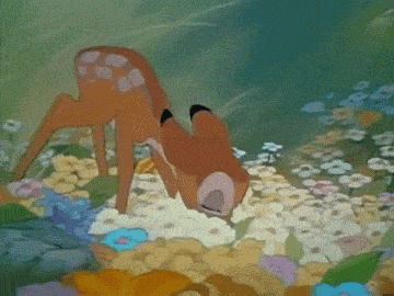 a cartoon of a deer and a squirrel standing in a field of flowers