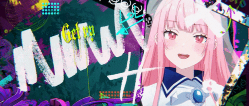a girl with pink hair and red eyes stands in front of a sign that says get it