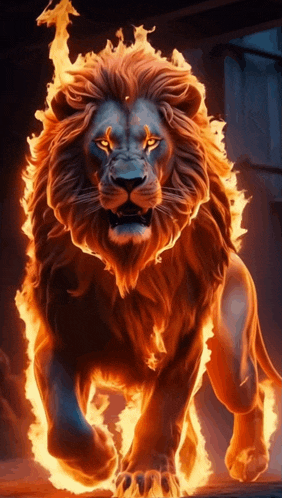a lion is surrounded by flames and is running