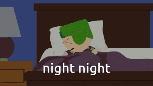 a cartoon character is sleeping in a bed with the words night night above him