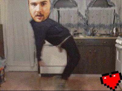 a pixelated image of a man in a kitchen with a heart in the background