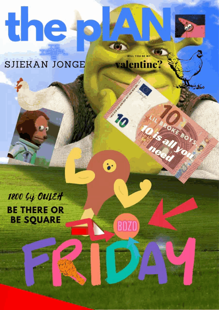 shrek holding a 10 euro bill on the cover of a magazine called the plan