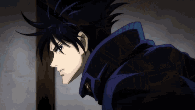a cartoon character with black hair and a purple jacket