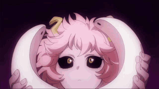 a girl with pink hair is holding a white object in her hands