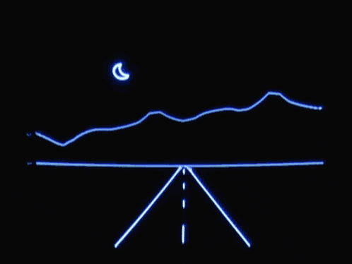 a drawing of a mountain and a road with a moon in the background