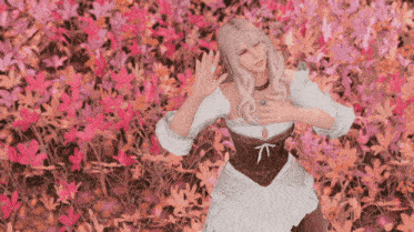 a woman in a white dress is standing in a field of flowers