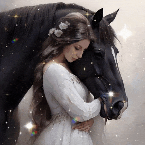 a woman in a white dress is standing next to a black horse
