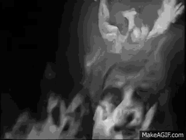 a black and white photo of a man 's face surrounded by fire .