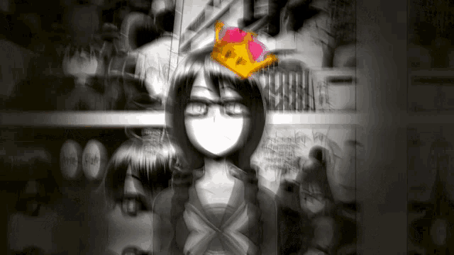 a girl with glasses and a pink crown on her head stands in front of a wall with a blurred background