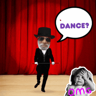 a man in a top hat is dancing with a cane and a speech bubble that says dance