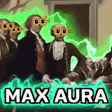 a group of men are standing in front of a sign that says " max aura "