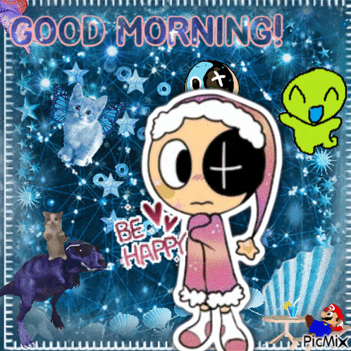 a cartoon character says good morning and is surrounded by other cartoon characters