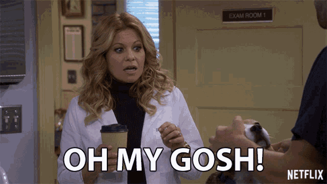 a woman in a lab coat is holding a cup of coffee and says oh my gosh