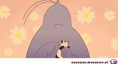 a cartoon of a cat holding a panda bear with flowers in the background and the website nyan.mangowe.pl at the bottom