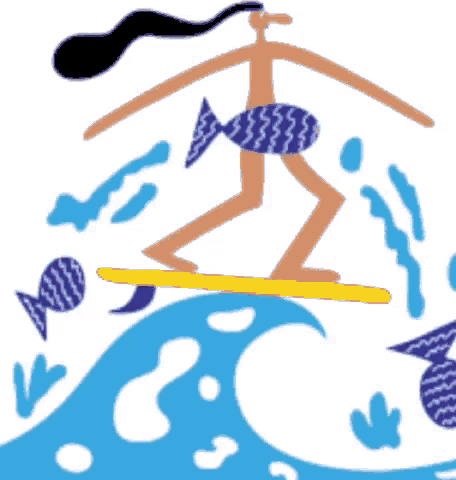 a cartoon of a man riding a wave on a surfboard with fish around him