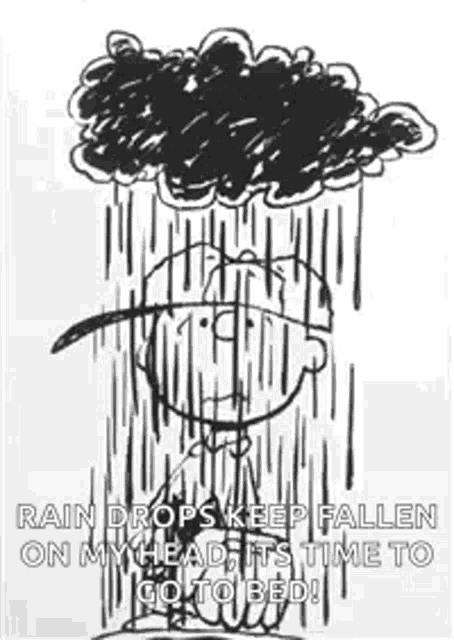 a black and white drawing of a person standing in the rain with a cloud .
