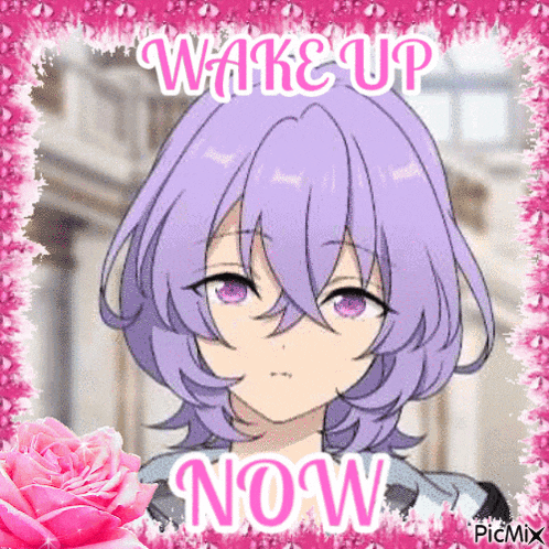 a picture of a girl with purple hair and the words wake up now on it
