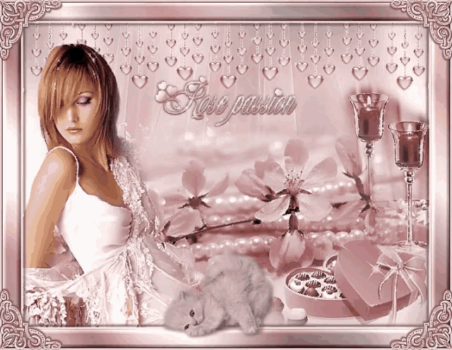 a woman in a white dress is surrounded by pink flowers and a cat