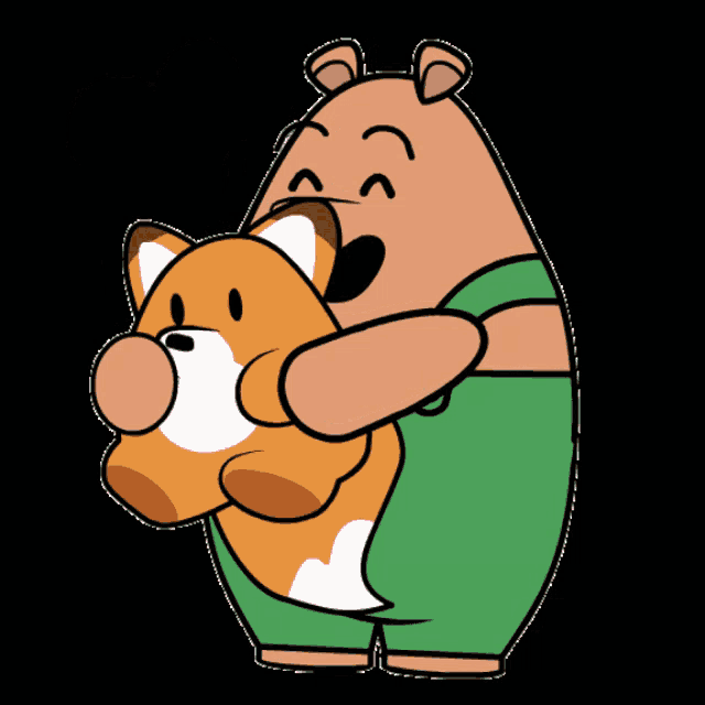 a cartoon of a man holding a stuffed animal with pink hearts around him