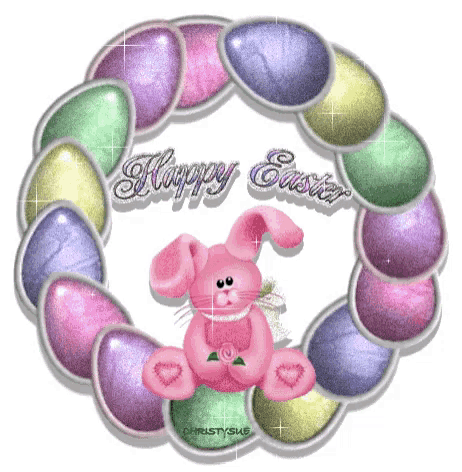 a pink bunny is surrounded by colorful easter eggs and the words happy easter