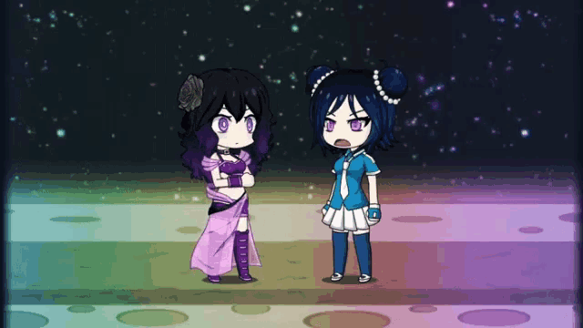 a cartoon of two girls standing next to each other with purple eyes