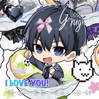 a cartoon of a boy with a bow on his head and the words " i love you " on the bottom