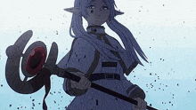 a girl with purple hair is holding a sword in her hand .