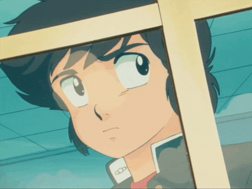 a close up of a cartoon character looking out a window with the letter o on his shirt