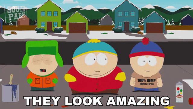 three south park characters are standing on a sidewalk with the words they look amazing below them