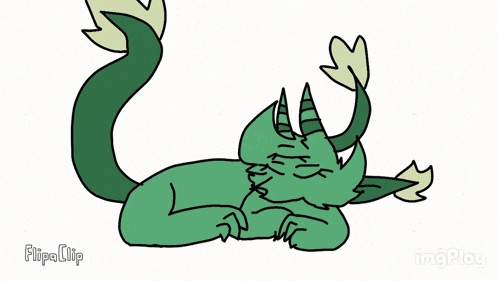 a cartoon drawing of a green cat with horns and wings laying down .
