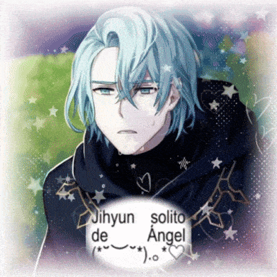 a picture of a man with blue hair and the words jihyun solito de angel on the bottom