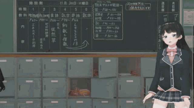 a group of anime characters are standing in front of a chalkboard with a schedule on it