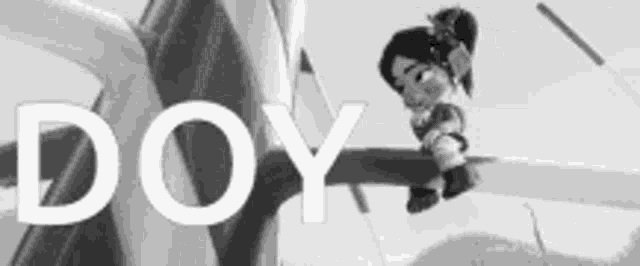 a black and white photo of a person hanging from a pole with the word doy written above them .