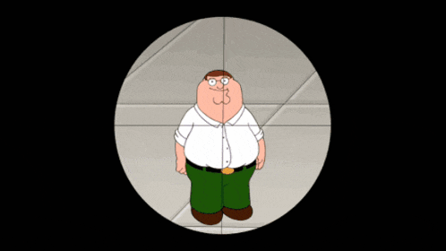 peter griffin is looking through a sniper scope and waving