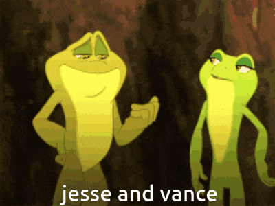 two frogs are standing next to each other and the words jesse and vance are visible
