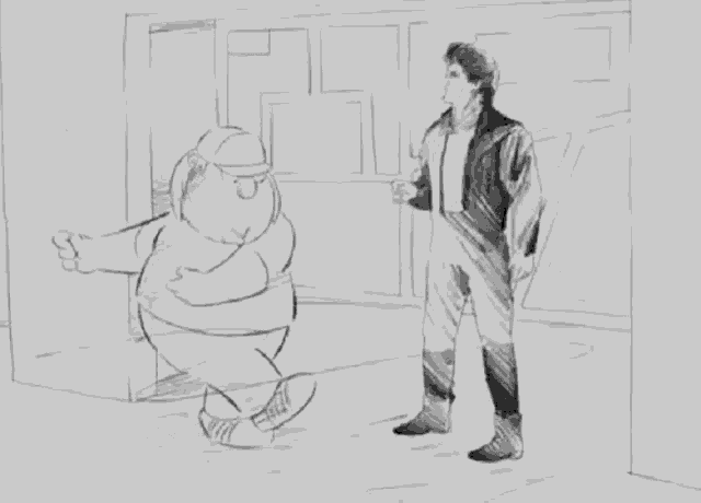 a black and white drawing of two men talking