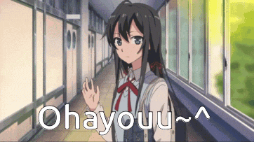 a girl is standing in a hallway with the words ohayouu written on the bottom